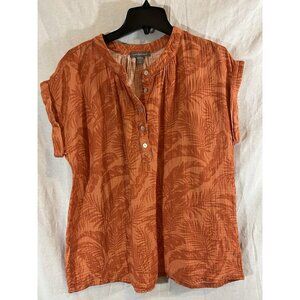 Peace & Pearls Women’s XL Orange Leaf Print V-Neck Cotton Blouse